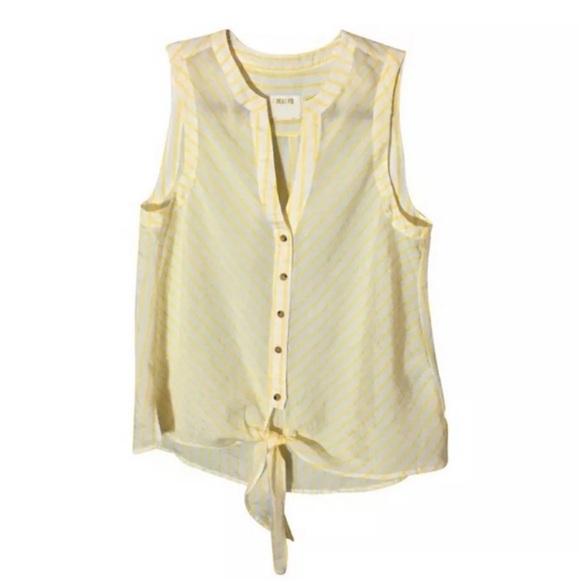 Anthropologie Maeve Yellow Stripe Sleeveless Buttondown Top Size 10 Tie Front - Picture 7 of 7